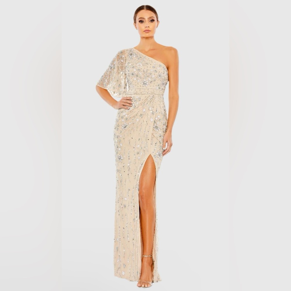 Mac Duggal Nude Champagne One-Shoulder Beaded Gown